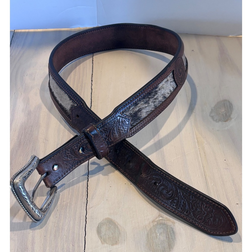 Hooey Western Leather Belt 34 Floral Tooled Cow Hide Silver Buckle Snap On
